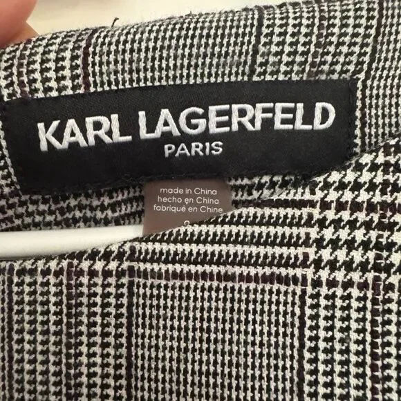 Karl Lagerfeld Sz 8 Plaid Ponte Knit Bell Ruffle Sleeve Sheath Dress Black White - Picture 4 of 8